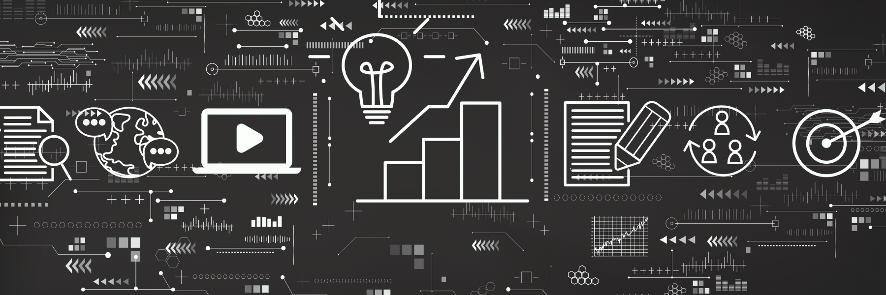 Decorative background with sketches of various marketing related items.