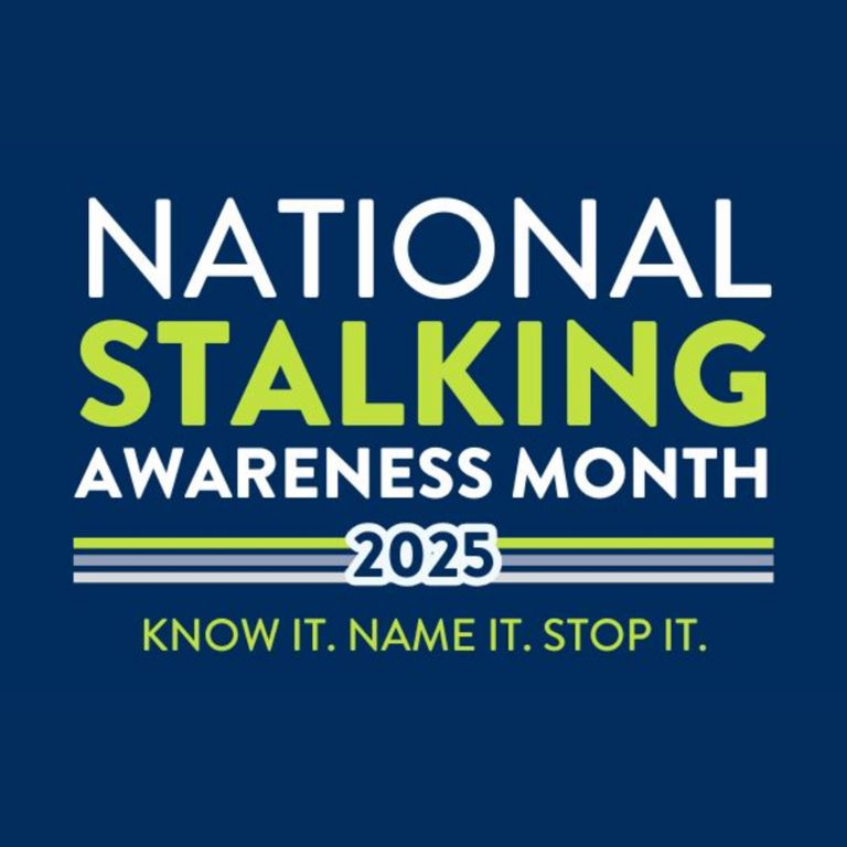A graphic in navy blue and green that says National Stalking Awareness Month